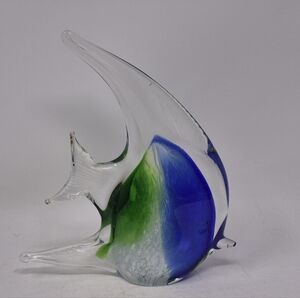 Hand Blown Glass Fish Figurine/ Paperweight Blue White And Green
